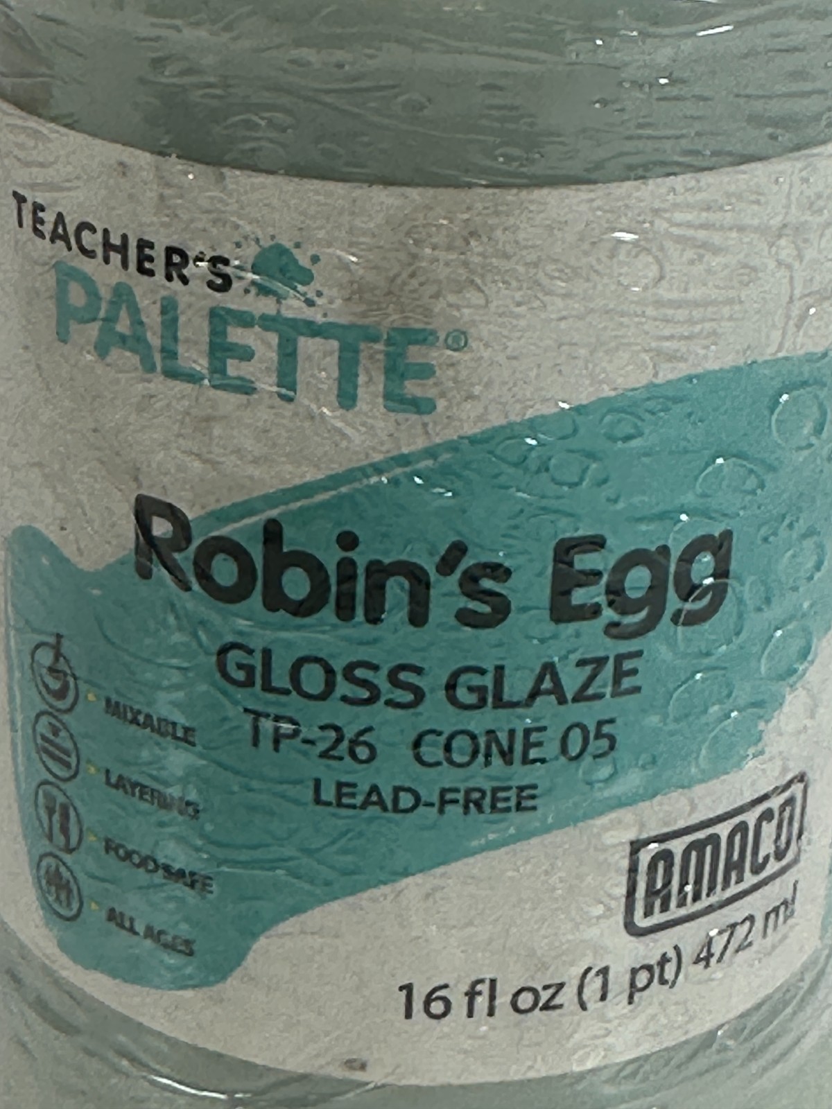 Amaco 36635N Teachers Palette Gloss Glaze – “Robin’s Egg” 16 fl.oz. Sealed Top