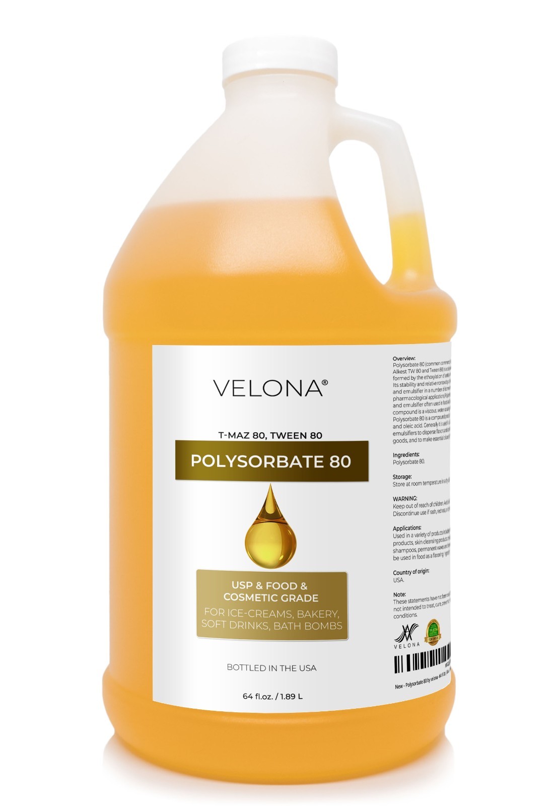 Polysorbate 80 by Velona 2oz-7lb Solubilizer, Food Cosmetic Grade Cooking, Bath