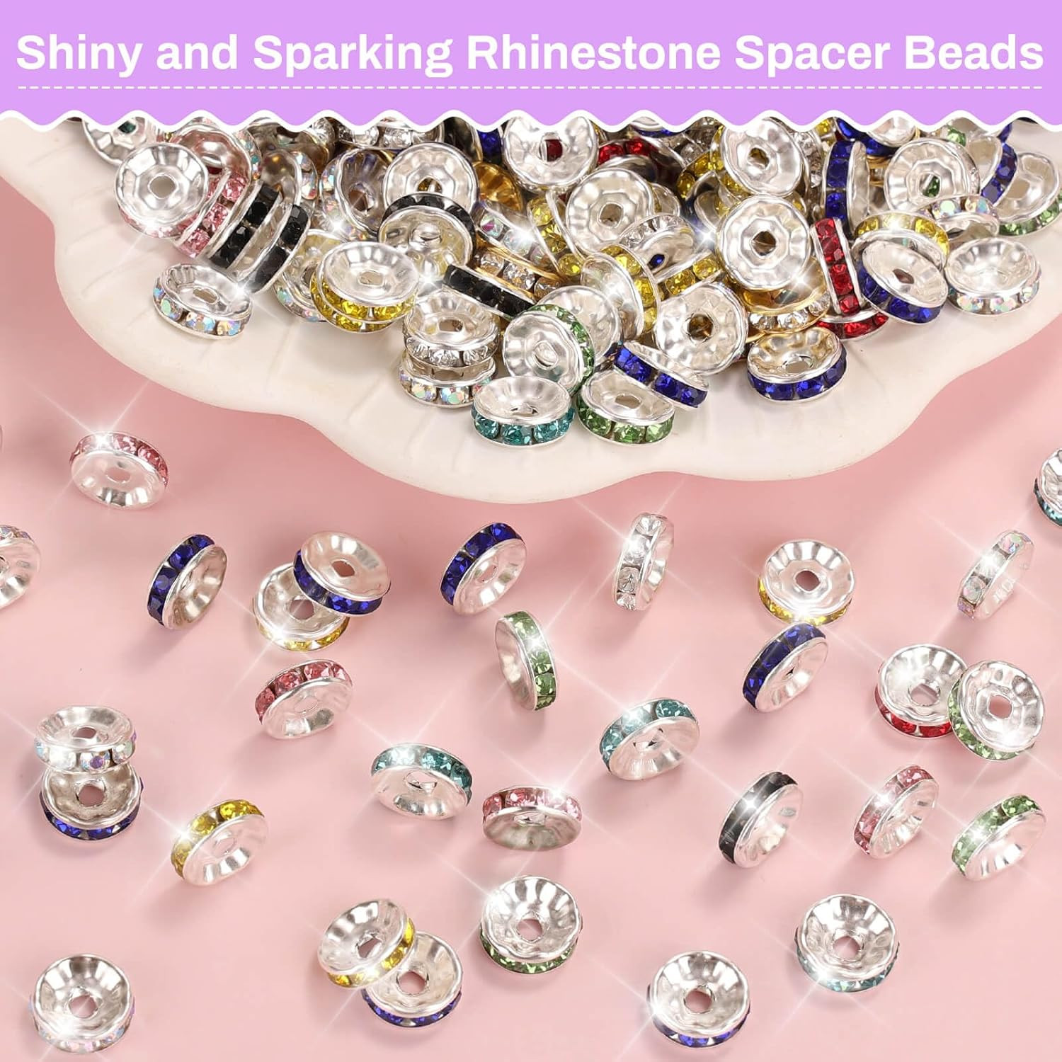 300 Pieces Rondelle Spacer Beads for Jewelry Making, 10mm Rhinestone Spacer Bead