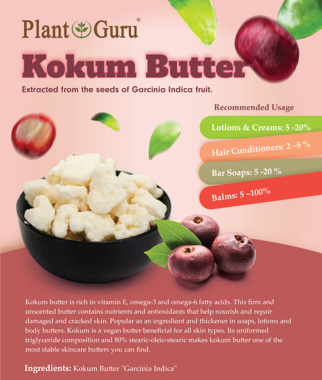 Raw Kokum Butter 32 oz. / 2 lbs. 100% Pure Natural Organic Cold Pressed Bulk