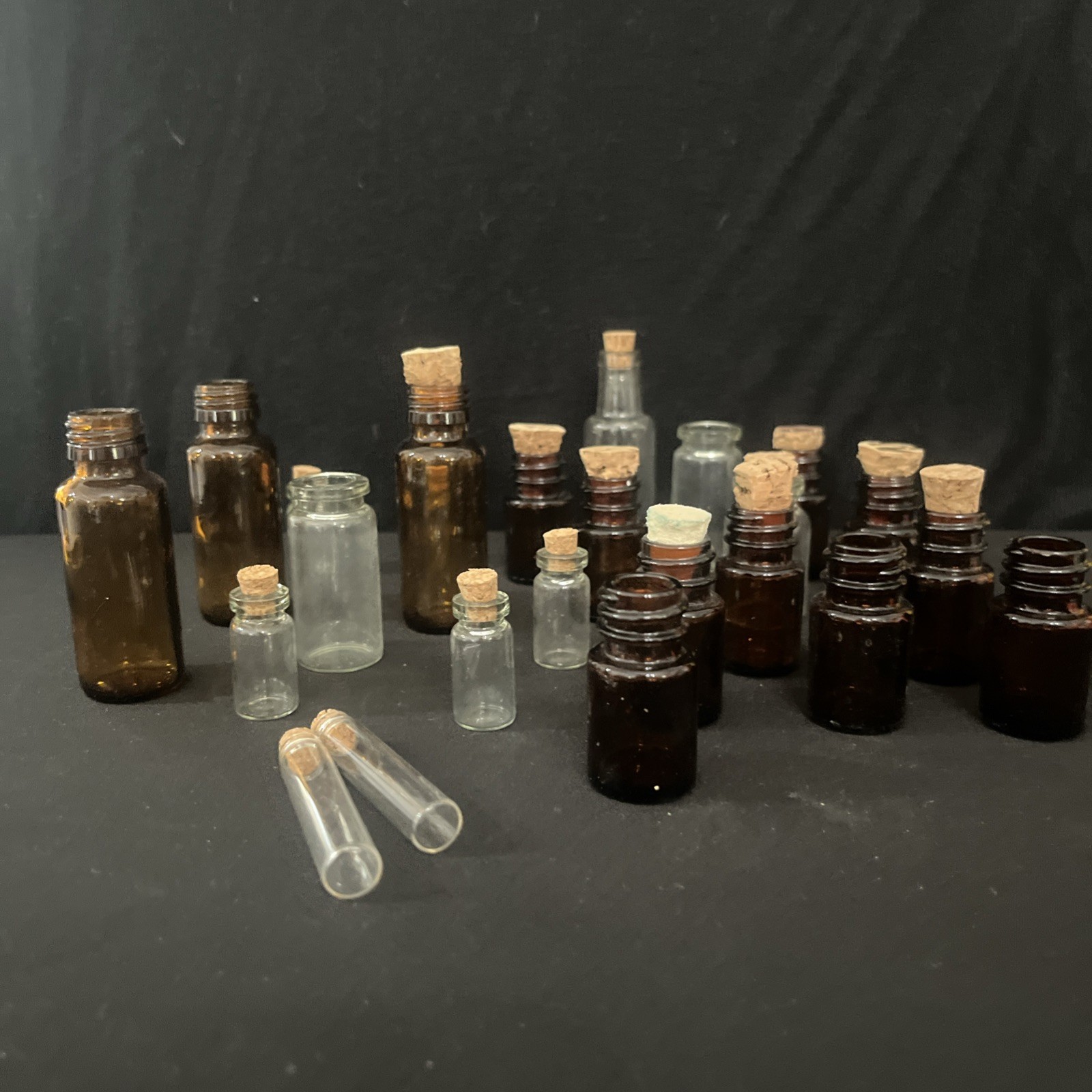 Bulk Lot 24 Mini Glass Bottles Vials Cork Top Apothecary Amber Clear Craft DIY