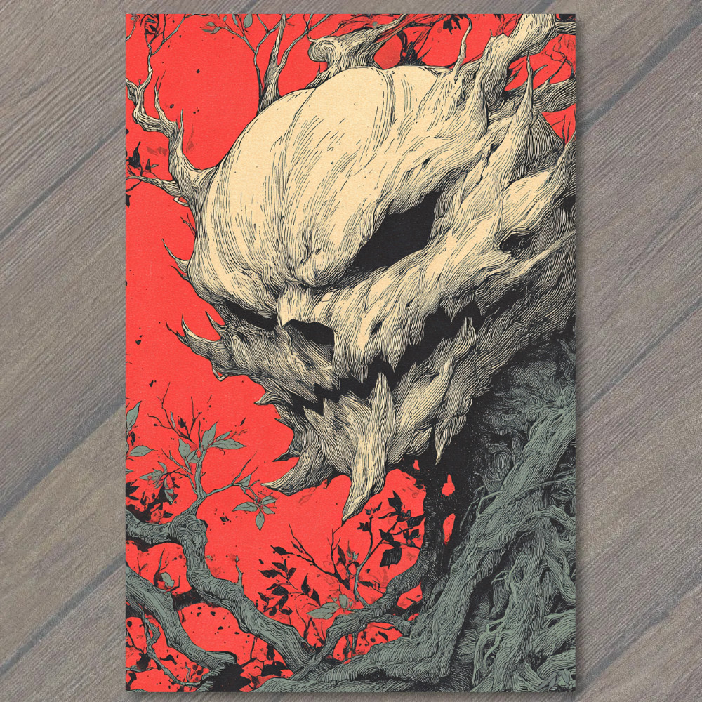 STICKER Evil Pumpkin Skull Emerging From Twisted Tree Halloween Horror