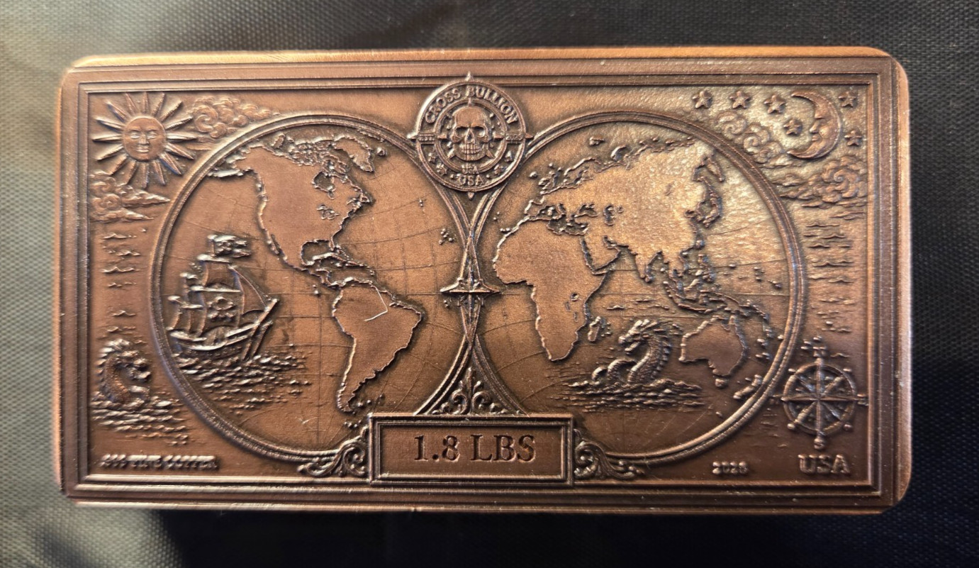 Hand Poured .999 Fine Copper Bullion Bar Art – 1.8 Lbs – *Cross Bones Bullion*