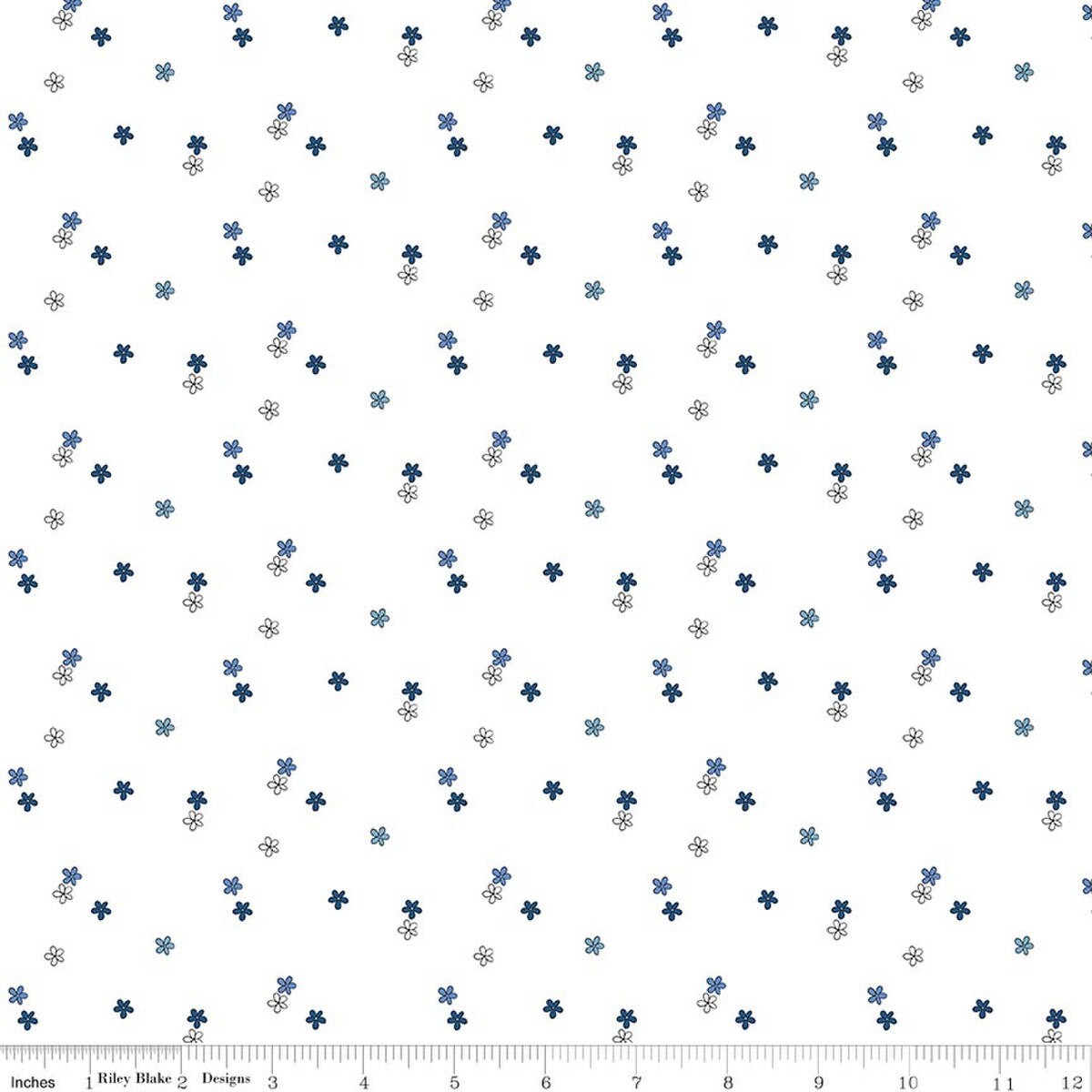 1/4 Yard 9×42 Riley Blake “Blue Blooms and Threads” Ditzy White Quilt Cotton