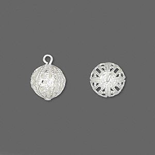 50 Silver Plated Brass 10mm Filigree Round Bead with Eyepin Charms *