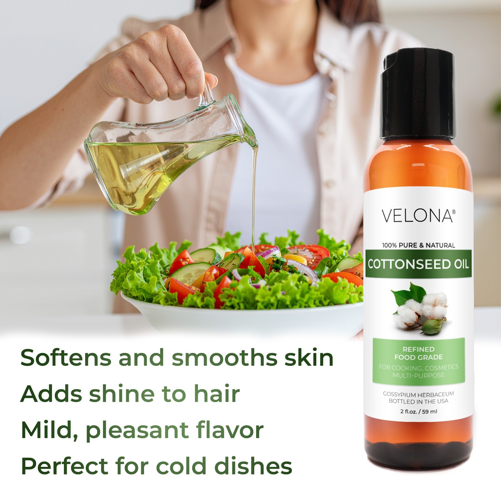 CottonSeed Oil by Velona – 2 oz Refined, Cold pressed | Cooking Dressing Skin