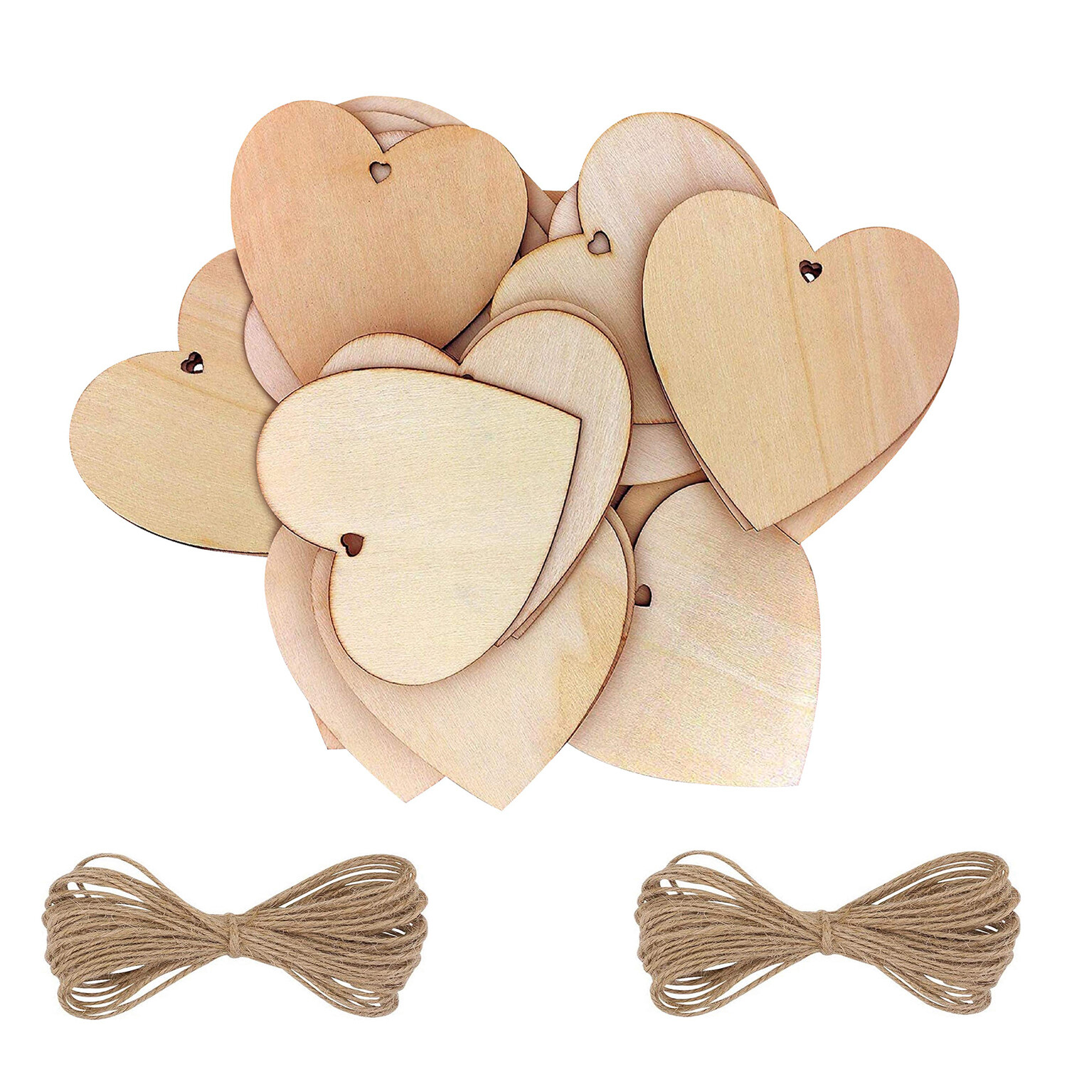 50PCS Wooden Hearts +Twine 3.2×3.2″ Shaped Heart Set with Holes & Rope DIY Gifts