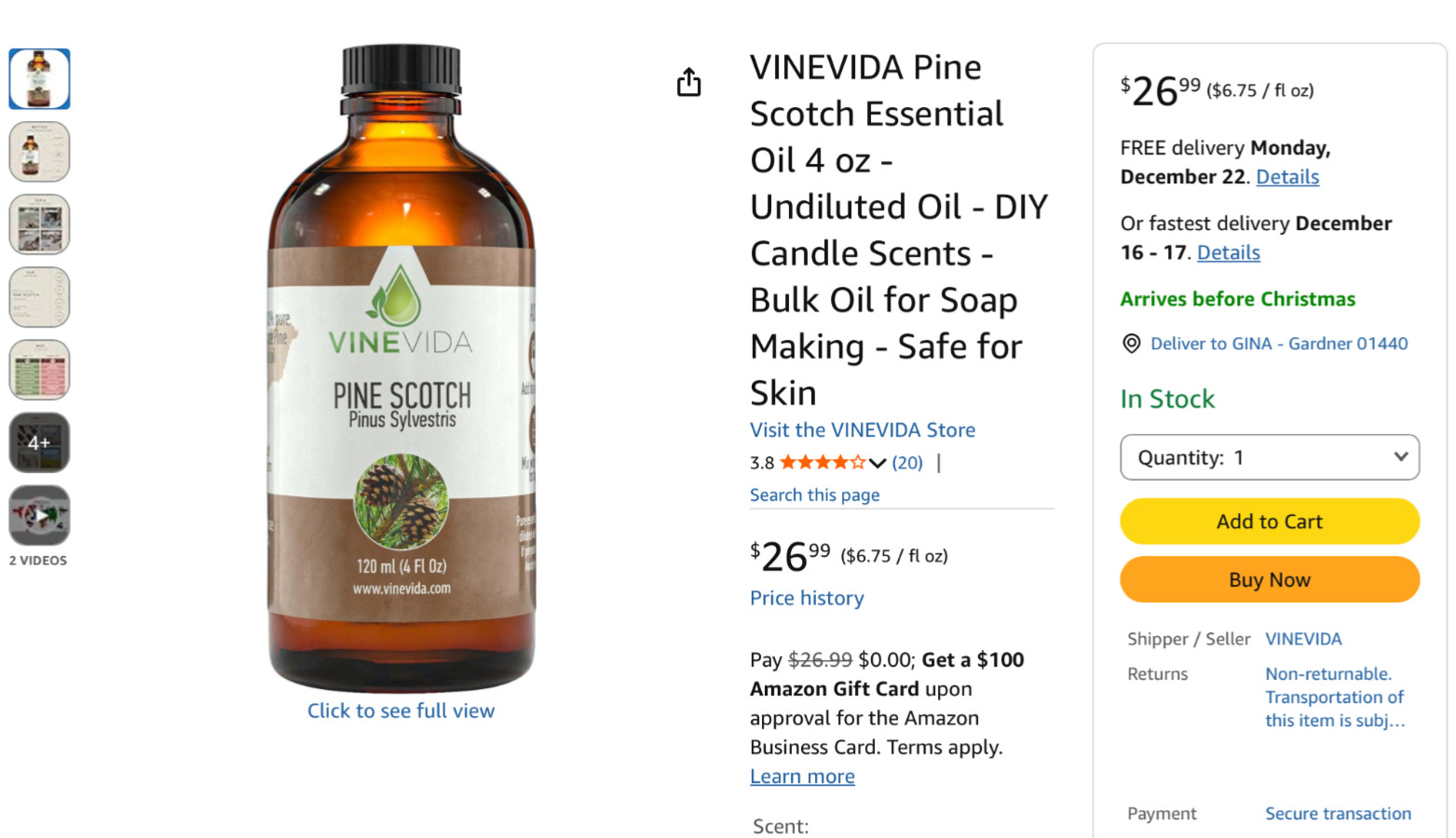 Vineveda Scotch Pine Essential Oil 4 oz Skin Safe 100% Pure 65%