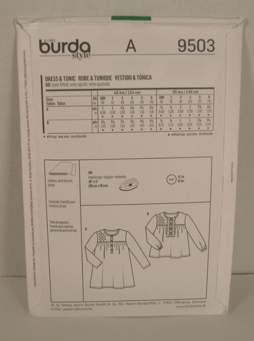 Burda Kids 9503 Pullover Dress & Tunic Girls’ 18 Months – 6 Pattern Uncut