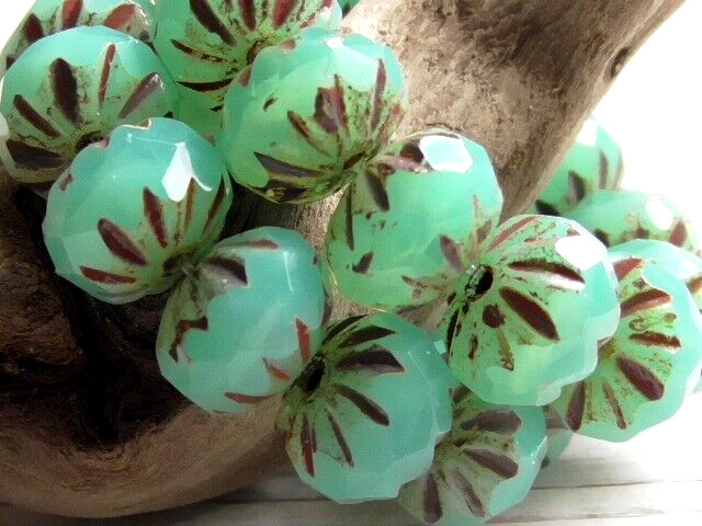 8 – 10x7mm CZECH OPAQUE AQUA BLUE OPAL PICASSO ETCHED FACETED GLASS CRULLER BEAD