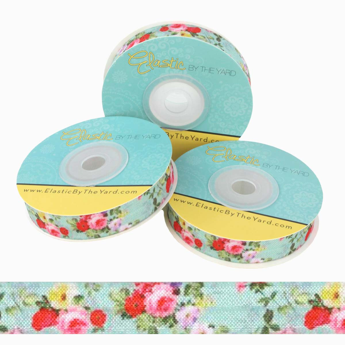 Floral on Aqua 5/8″ Fold Over Elastic