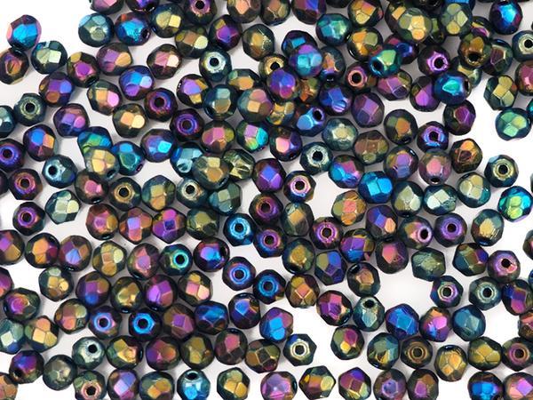 Czech Glass Fire Polished Round Faceted Beads in Jet Blue Star Iris Fully coated