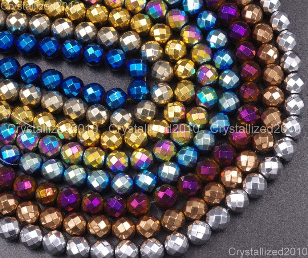 Natural Hematite Gemstone Faceted Round Beads Metallic Colors 4mm 6mm 8mm 15.5″
