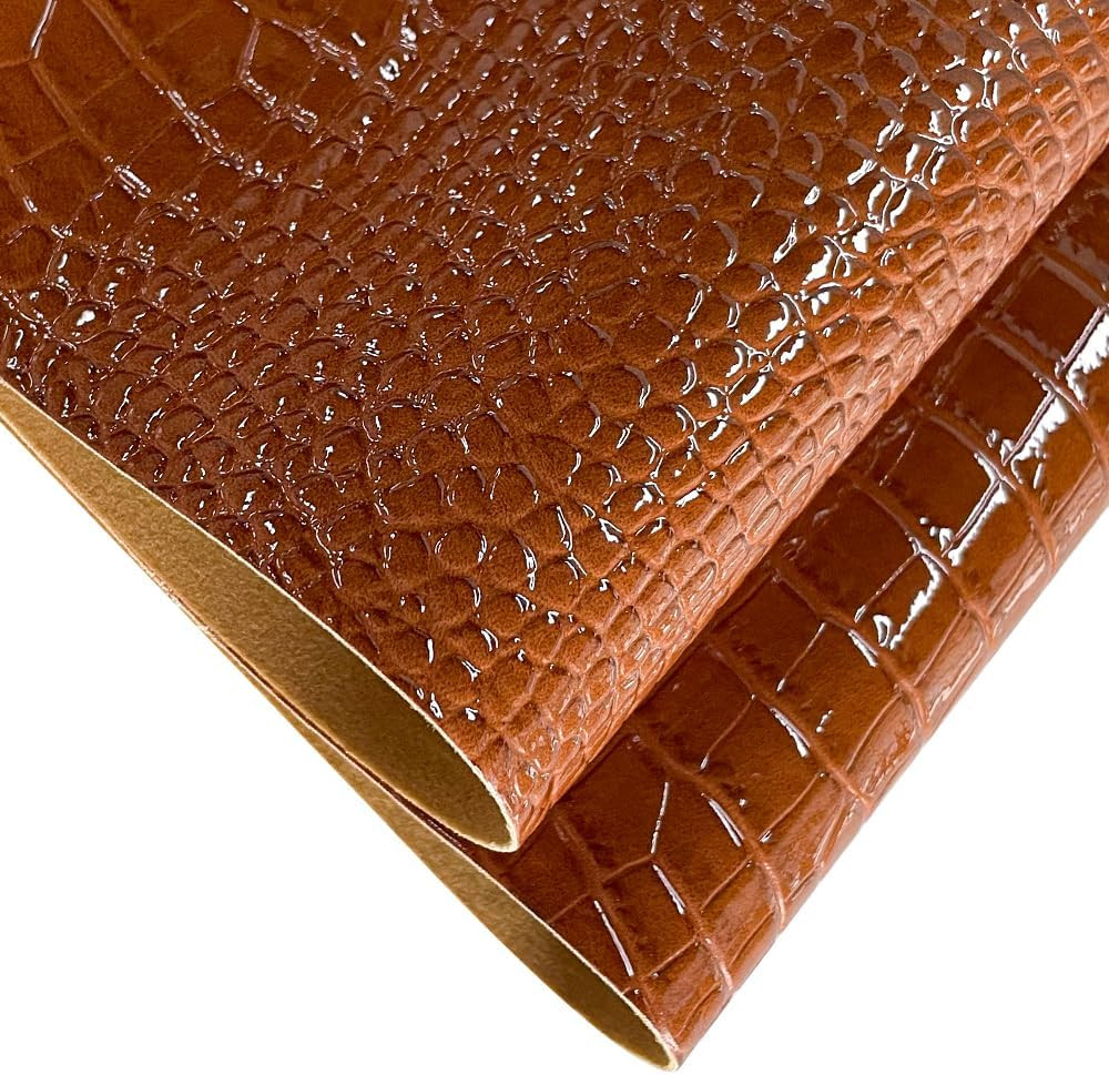 Brown Glossy Embossed Crocodile Texture PU Faux Leather Roll 11.8 “X 53” Very Su