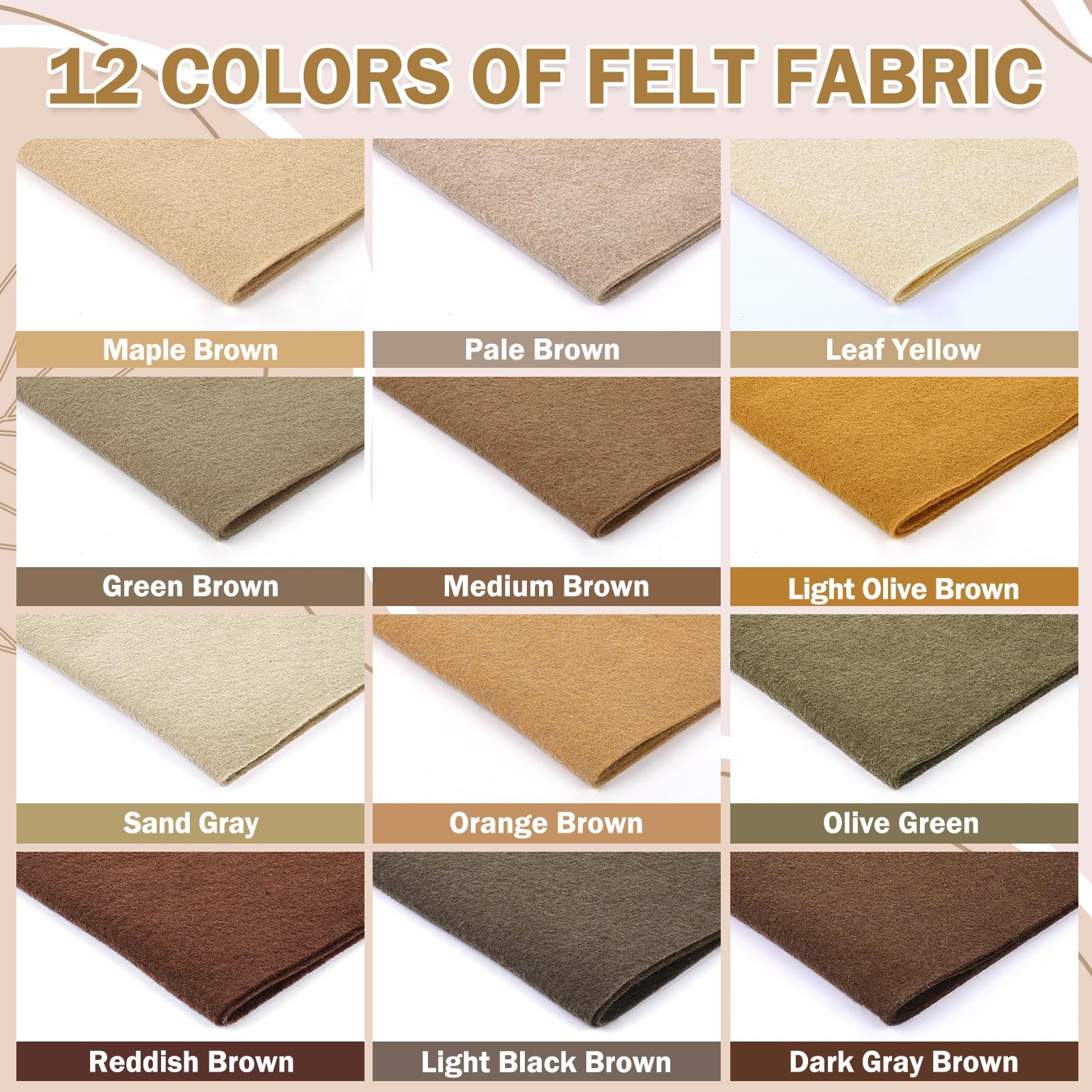 12 Rolls 8″x35″ Soft Felt Fabric Sheets 1.4mm Thick 12 Assorted Brown Colors