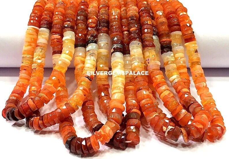 Natural Fire Opal Faceted Tyre Beads Mexican Fire Gemstone Beads 6-7.MM Beads.