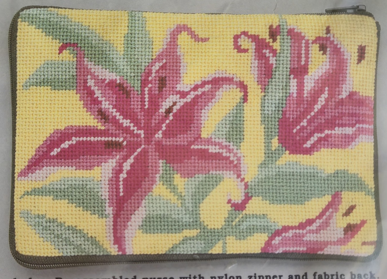SEALED Stitch & Zip Pink Lily Preassembled Needlepoint Purse with Nylon Zipper