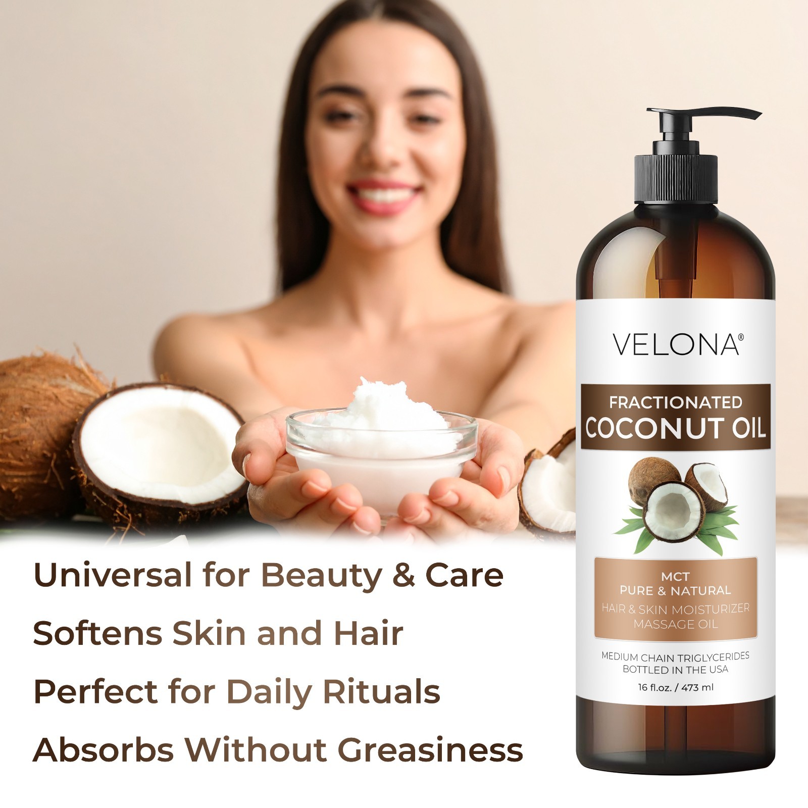Coconut Oil by Velona – 8 oz Fractionated Ultra Refined Skin Face Body Hair