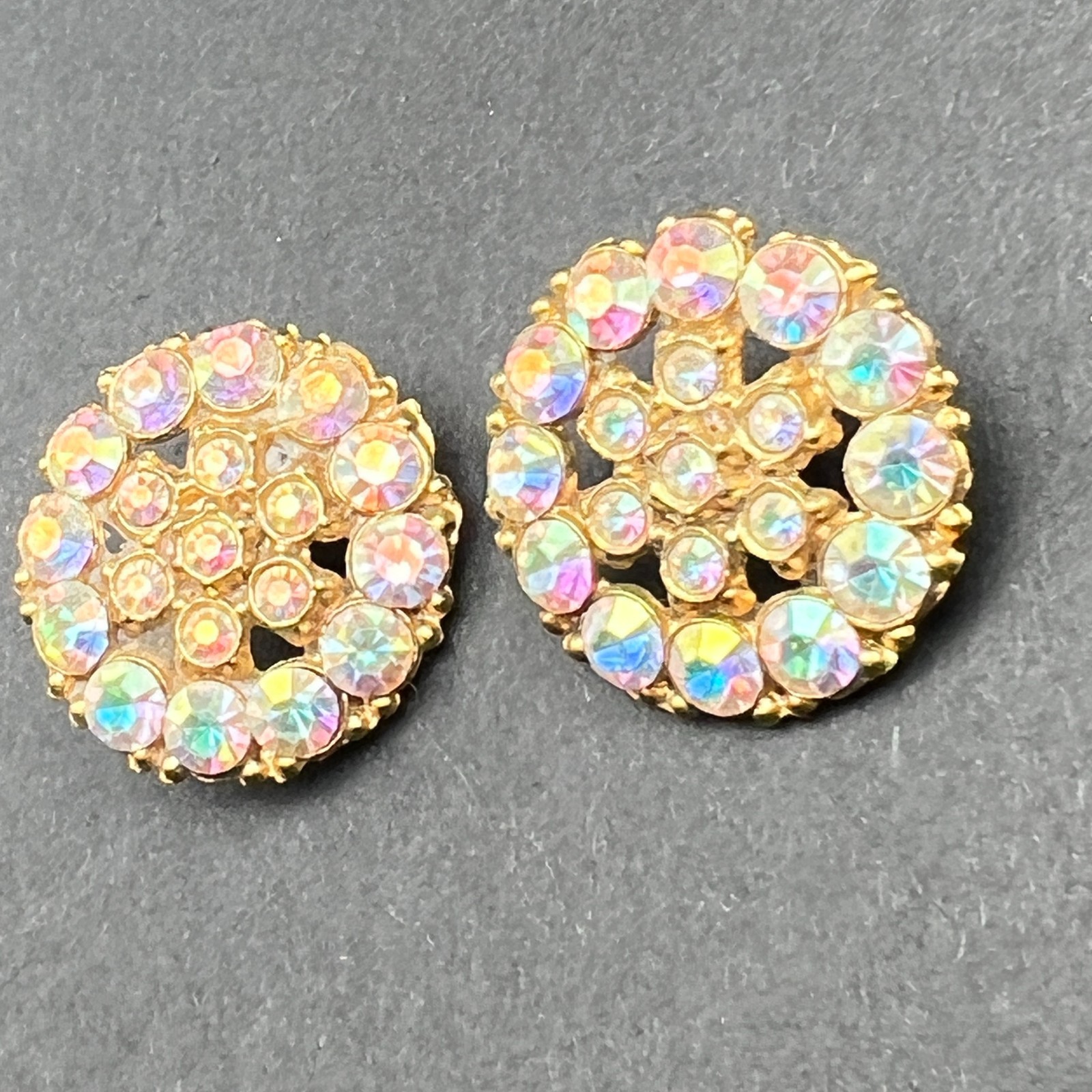 Vintage Aurora Borealis Rhinestone Buttons Gold Tone Set Of Two Decorative Round
