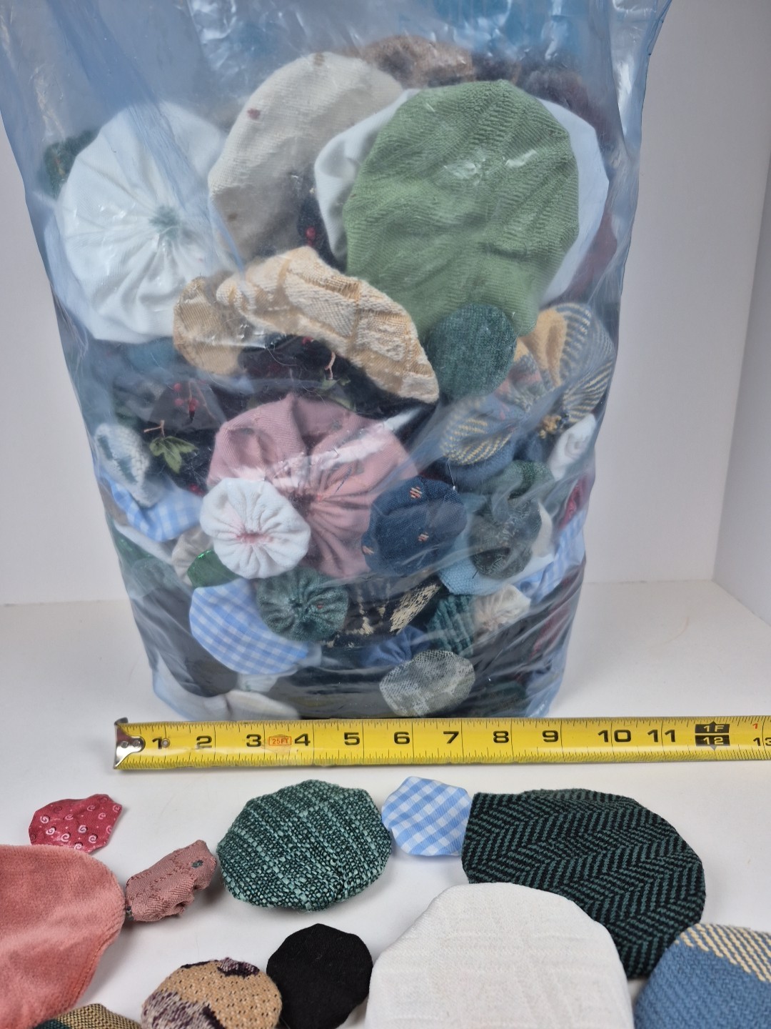 2lb 15oz Bag Of Yoyo Quilt Pieces All Sewn Different Sizes & Materials