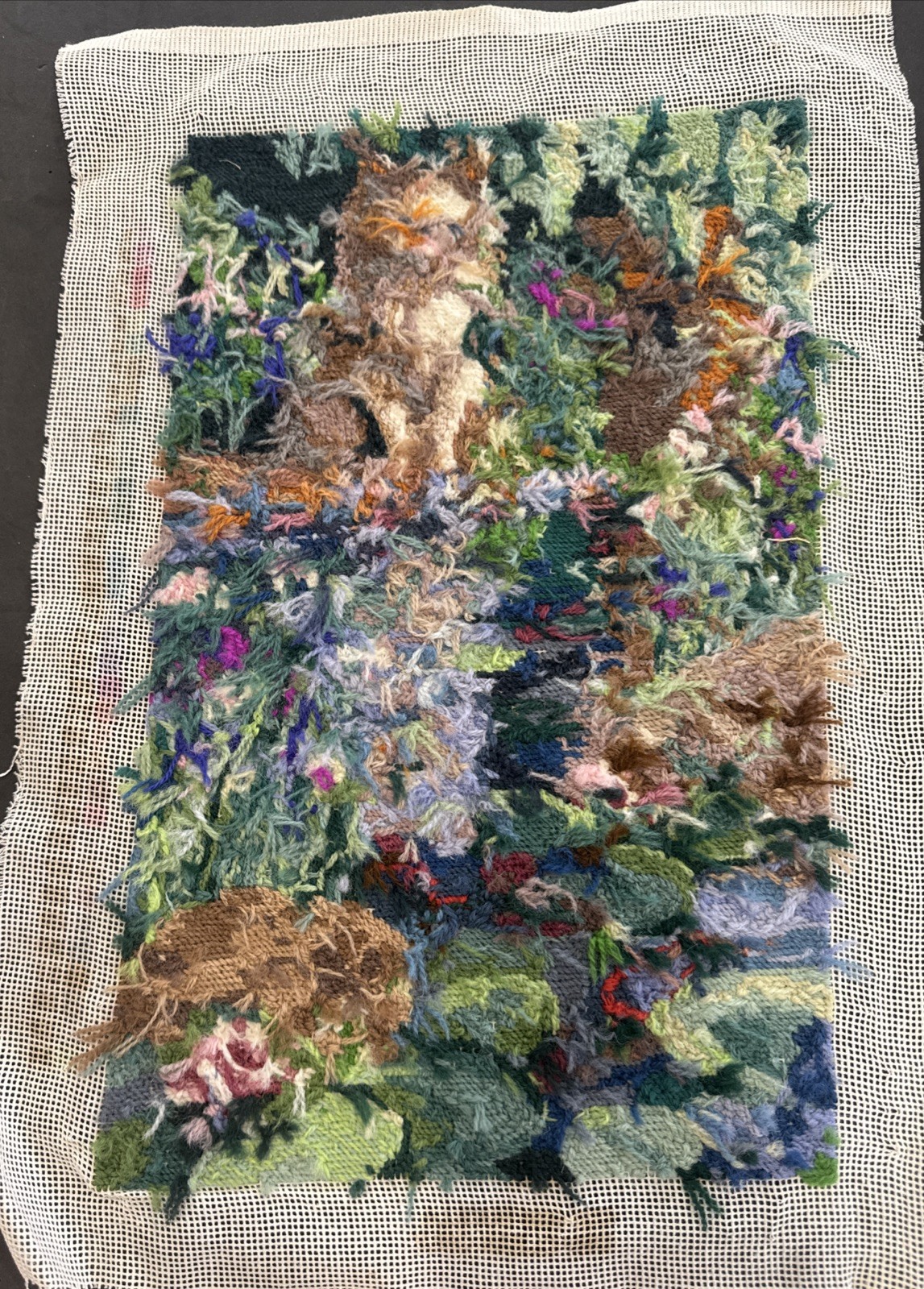 Bucilla Needlepoint #4721 Reflections Completed Cat Lily Pond Flowers Vintage 96