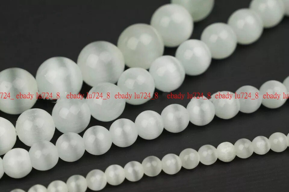 Beautiful 6mm 8mm 10mm 12mm White Cat’s Eye Round Gemstone Loose Beads 15″