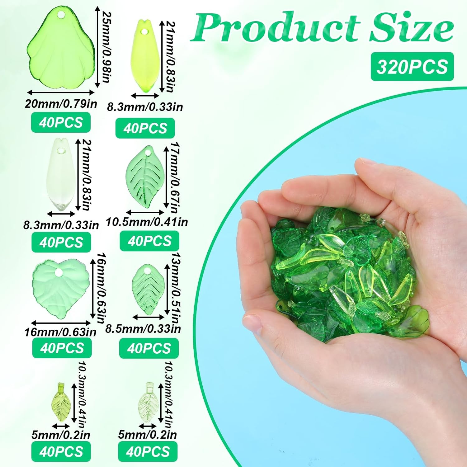 320pc Green Acrylic Leaf Beads Transparent Charms Jewelry Making DIY Earring 320