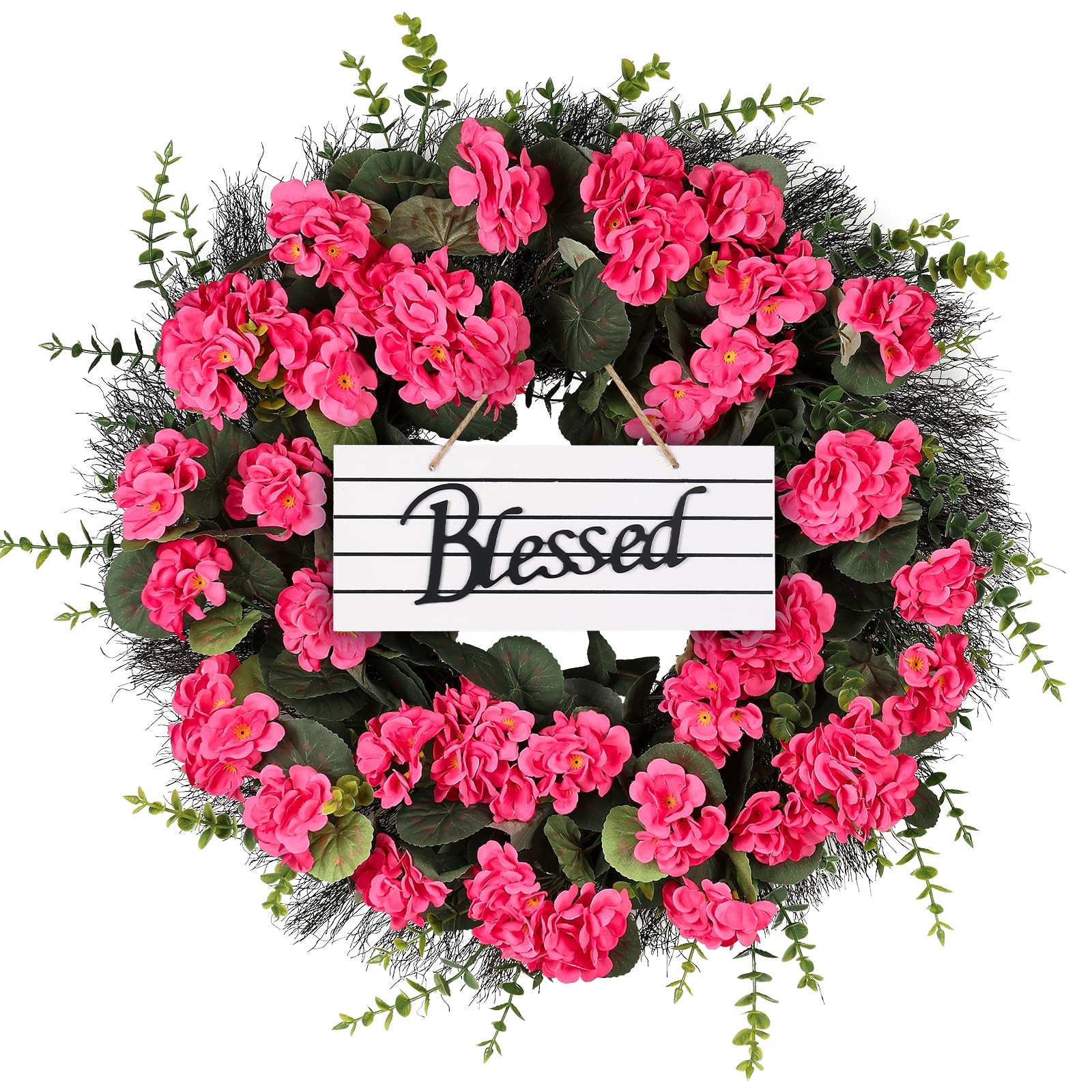 Kuimen Rose Red Artificial Geranium Wreath 22 Inch Spring Summer Wreaths For