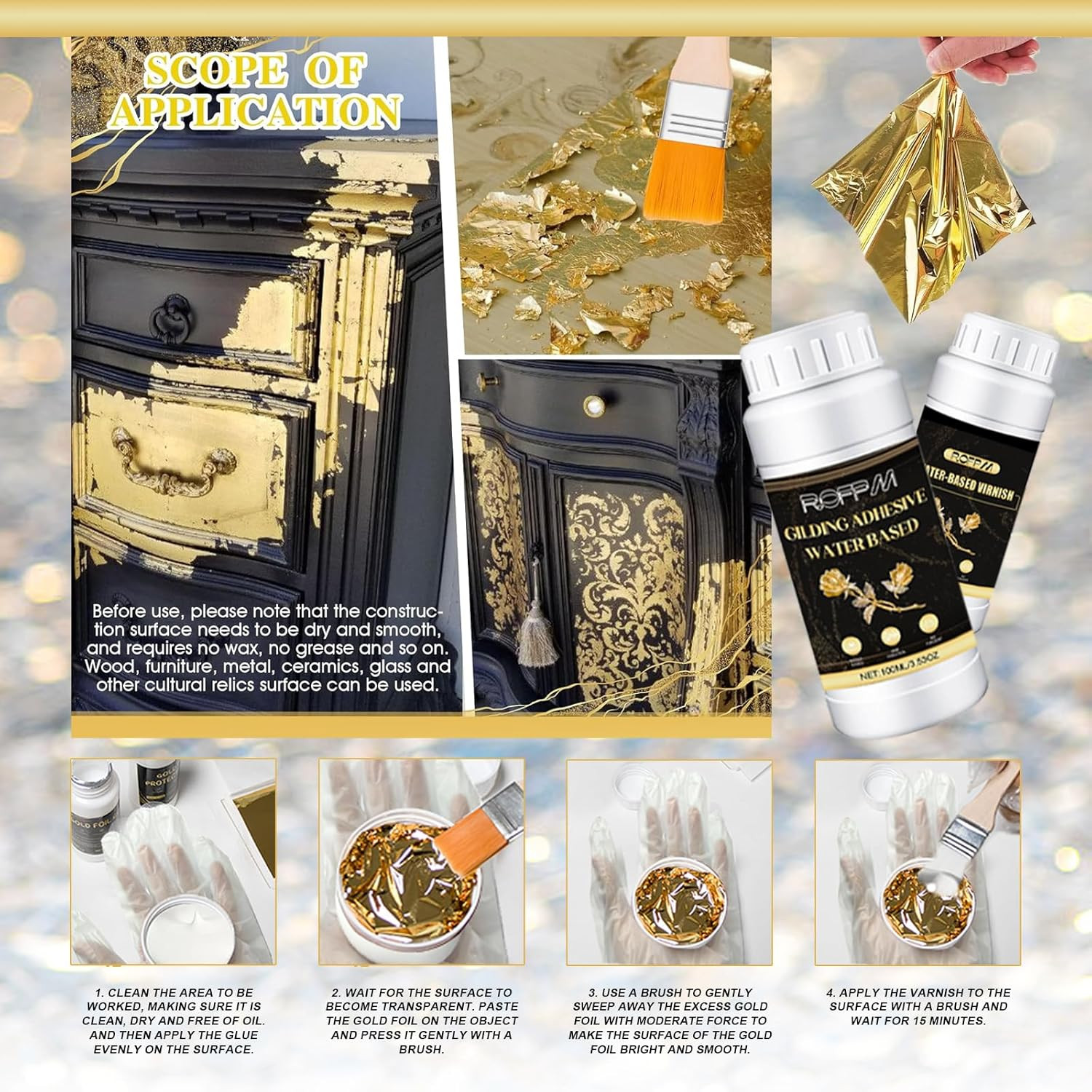 Gilding Adhesive Set Gold Leaf Sheets for Art 100ml Water Based Metal Leaf Glue