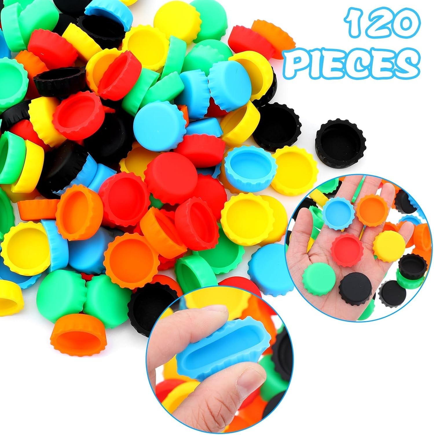 120 PCS Silicone Rubber Bottle Caps, Red, Orange, Yellow, Green, Black, Blue