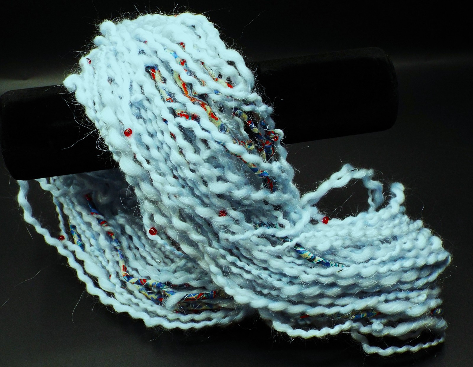 Light Blue ~ Red Beads ~ Silver Bugle Beads ~ Wool& Acrylic ~ Silk Fabric
