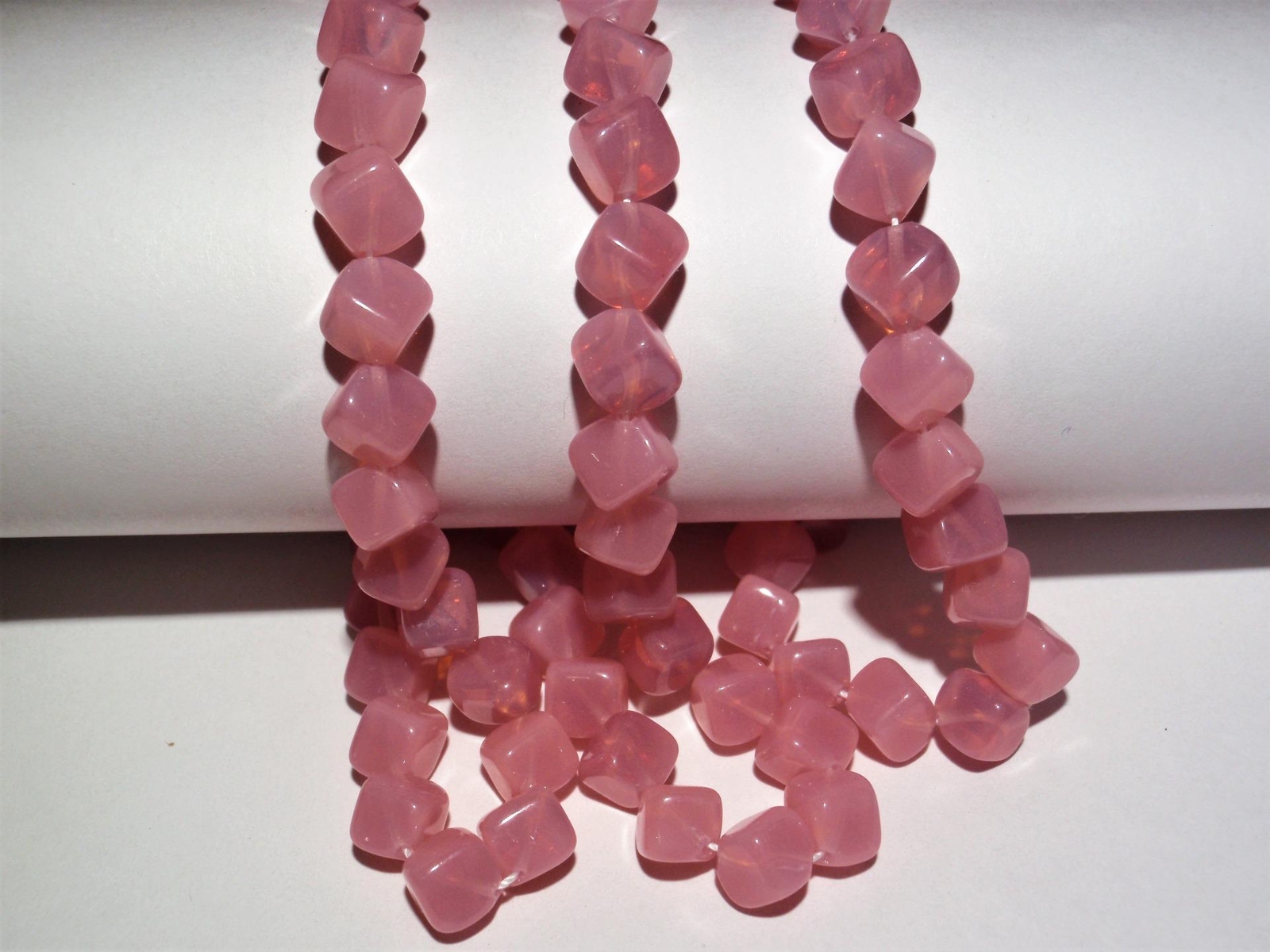 25 8 mm Czech Glass Diagonal Hole Cube Beads: Milky Pink