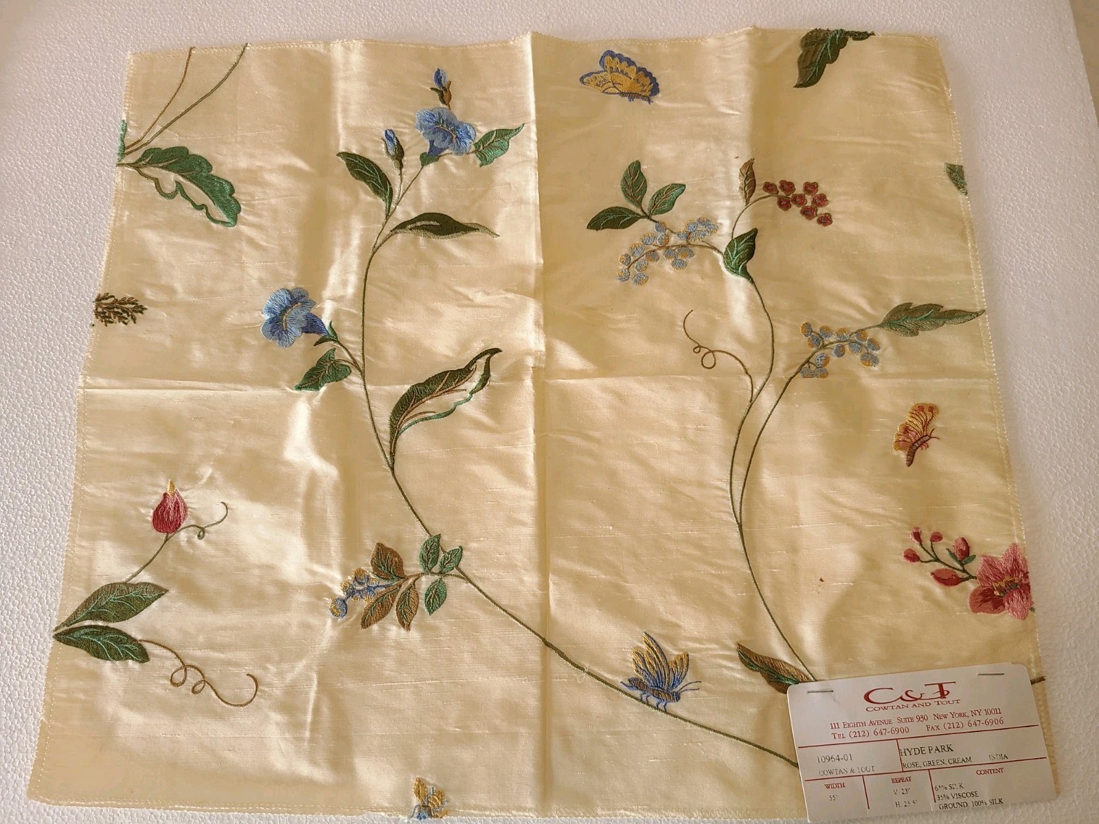 Designer Fabric Silk Samples Floral Butterfly Embroidered Cream Green Rose India