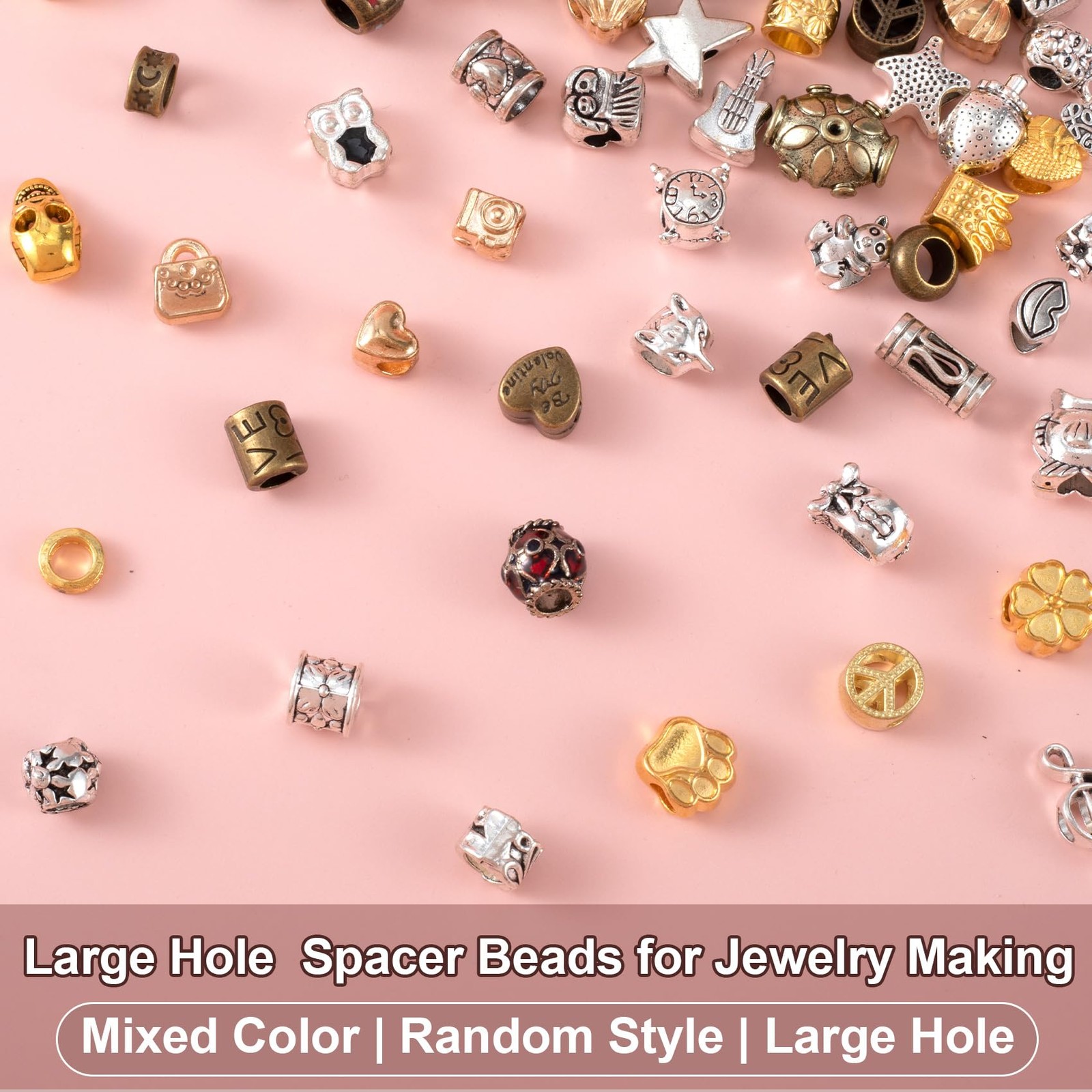 100 Gram Large Hole Beads for Jewelry Making, Craft Beads with Holes, Metal B…