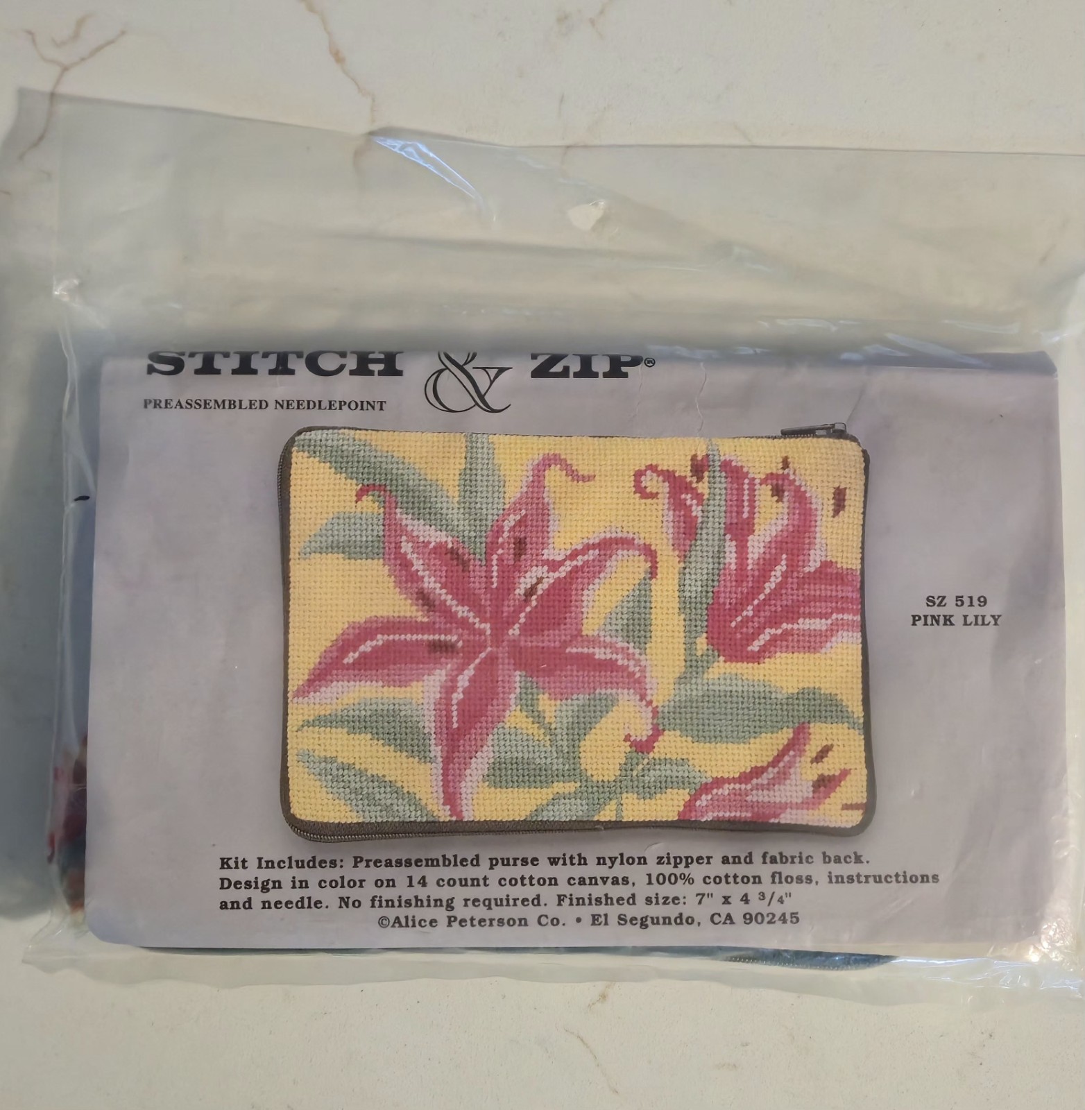 SEALED Stitch & Zip Pink Lily Preassembled Needlepoint Purse with Nylon Zipper