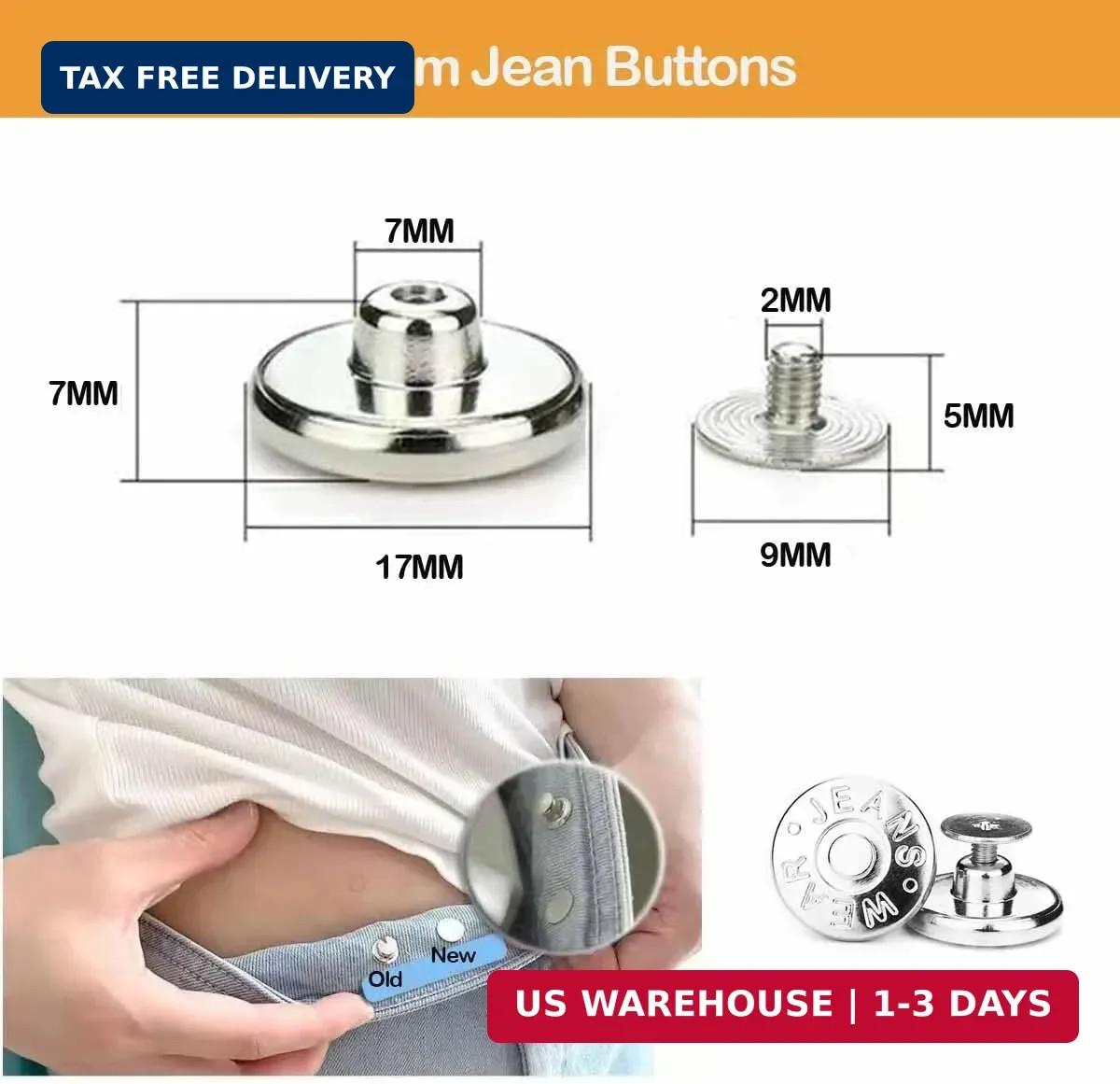 8PCS Replacement Buttons for Jeans,17mm Adjustable Metal Pants Tightener,No-Sew