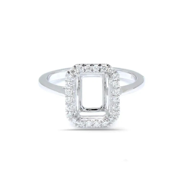 10x7mm Emerald Cut Semi Mount Ring 925 Sterling Silver Halo Engagement Ring