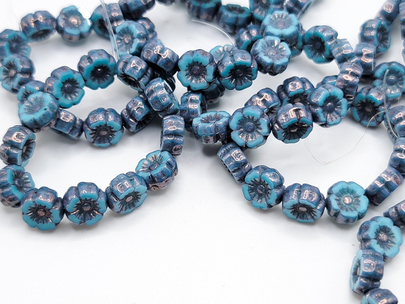 Hibiscus Uranium Glass Beads 7mm Blue Silver Wash Pressed Glass 12pcs