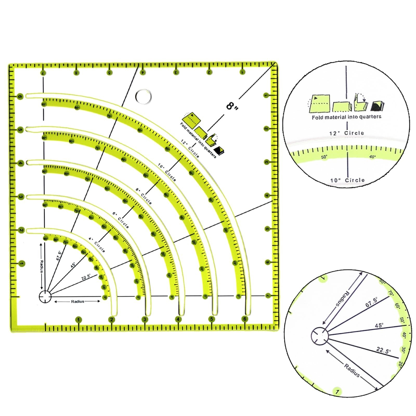 8 Inch Acrylic Quilting Ruler Multifunctional Arcs & Fans Square Quilt Circle…