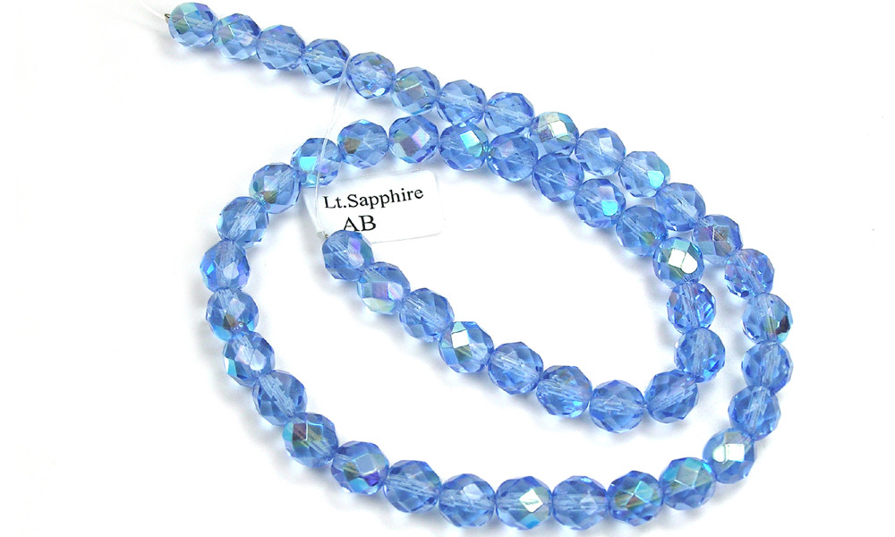 Czech Fire Polished Round Faceted Glass Beads in Light Sapphire AB coated, blue