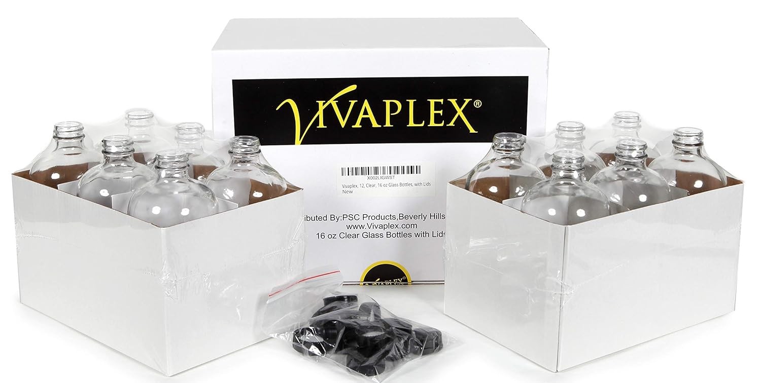 12, Clear, 16 oz Glass Bottles, with Lids