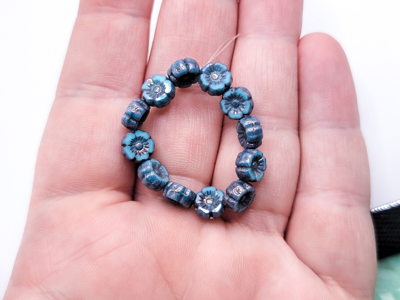 Hibiscus Uranium Glass Beads 7mm Blue Silver Wash Pressed Glass 12pcs