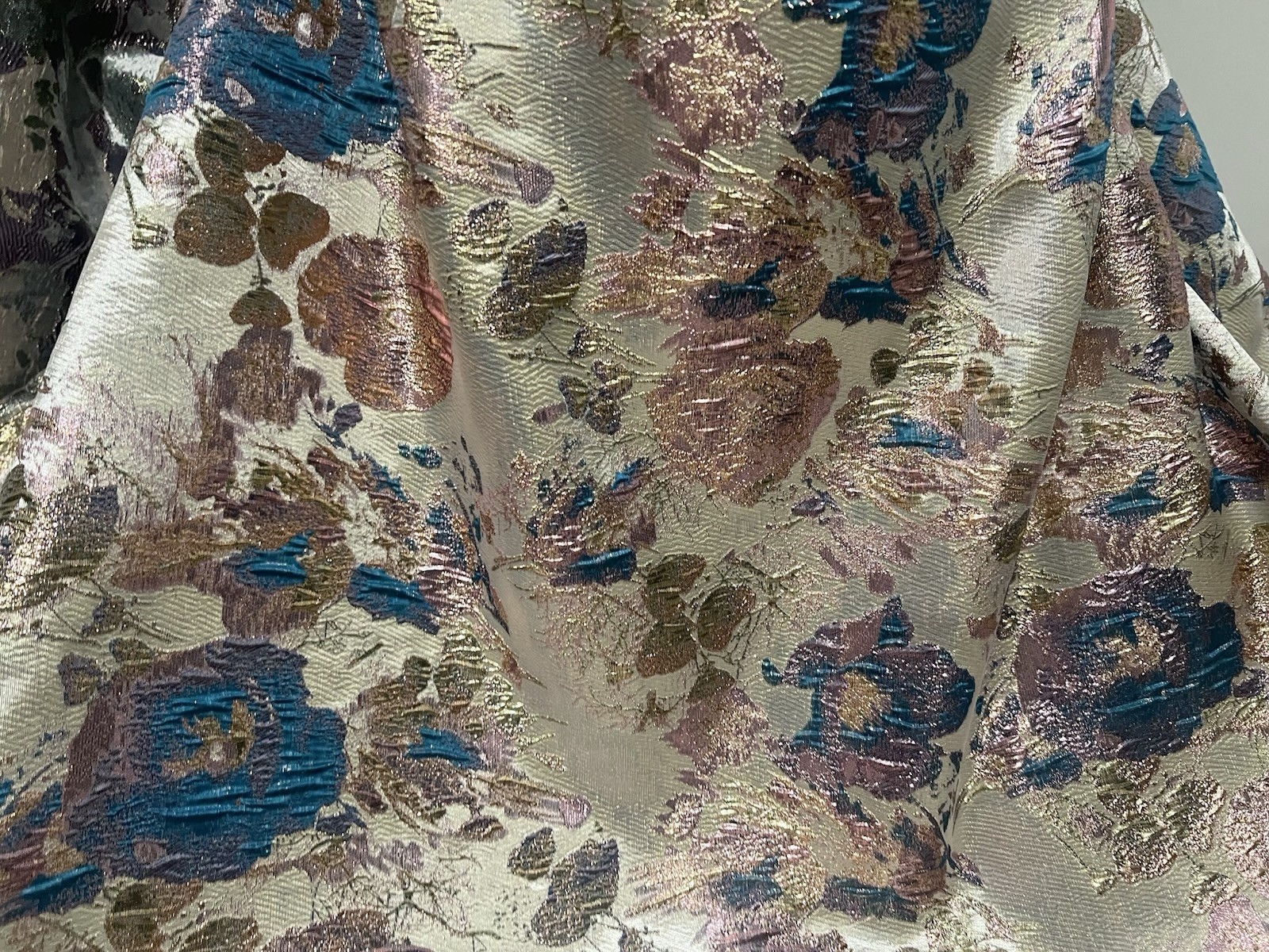 Teal Gold Pink Ivory Jacquard Metallic Brocade Fabric 58” Width By The Yard