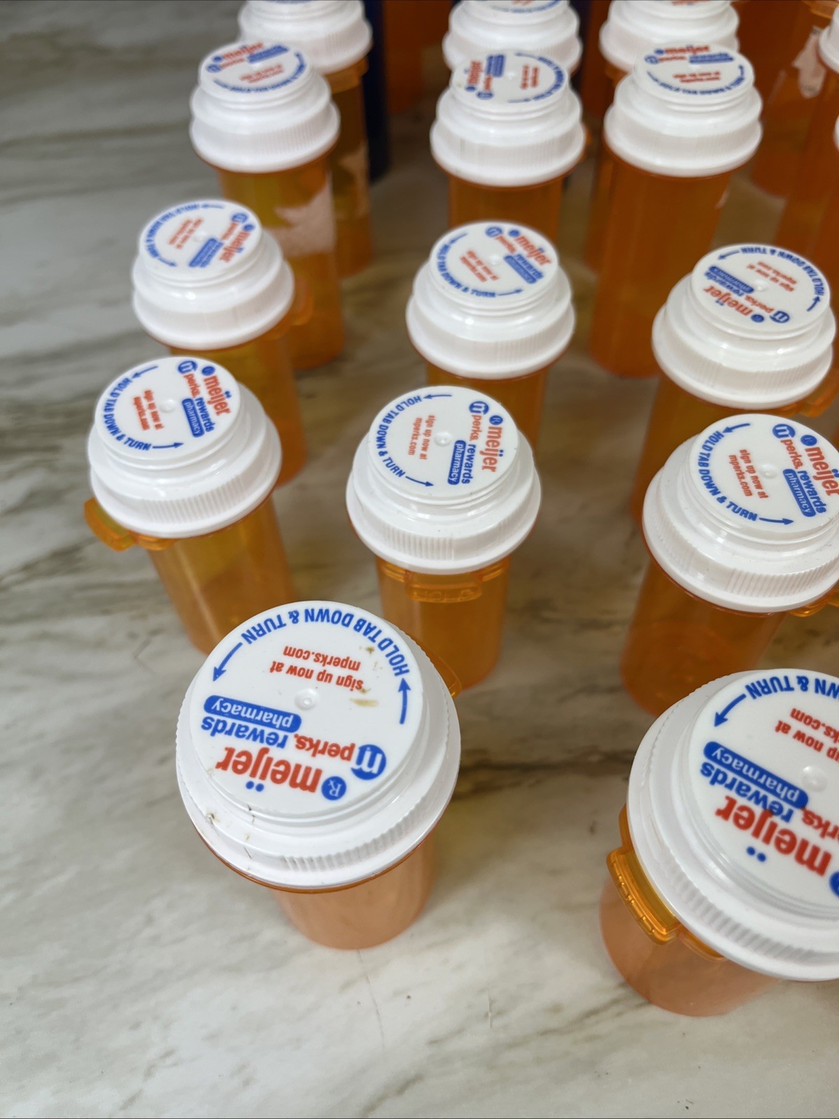 Lot Of 61 Empty medicine Bottles All amber Minus 2 Blue, Various Sizes