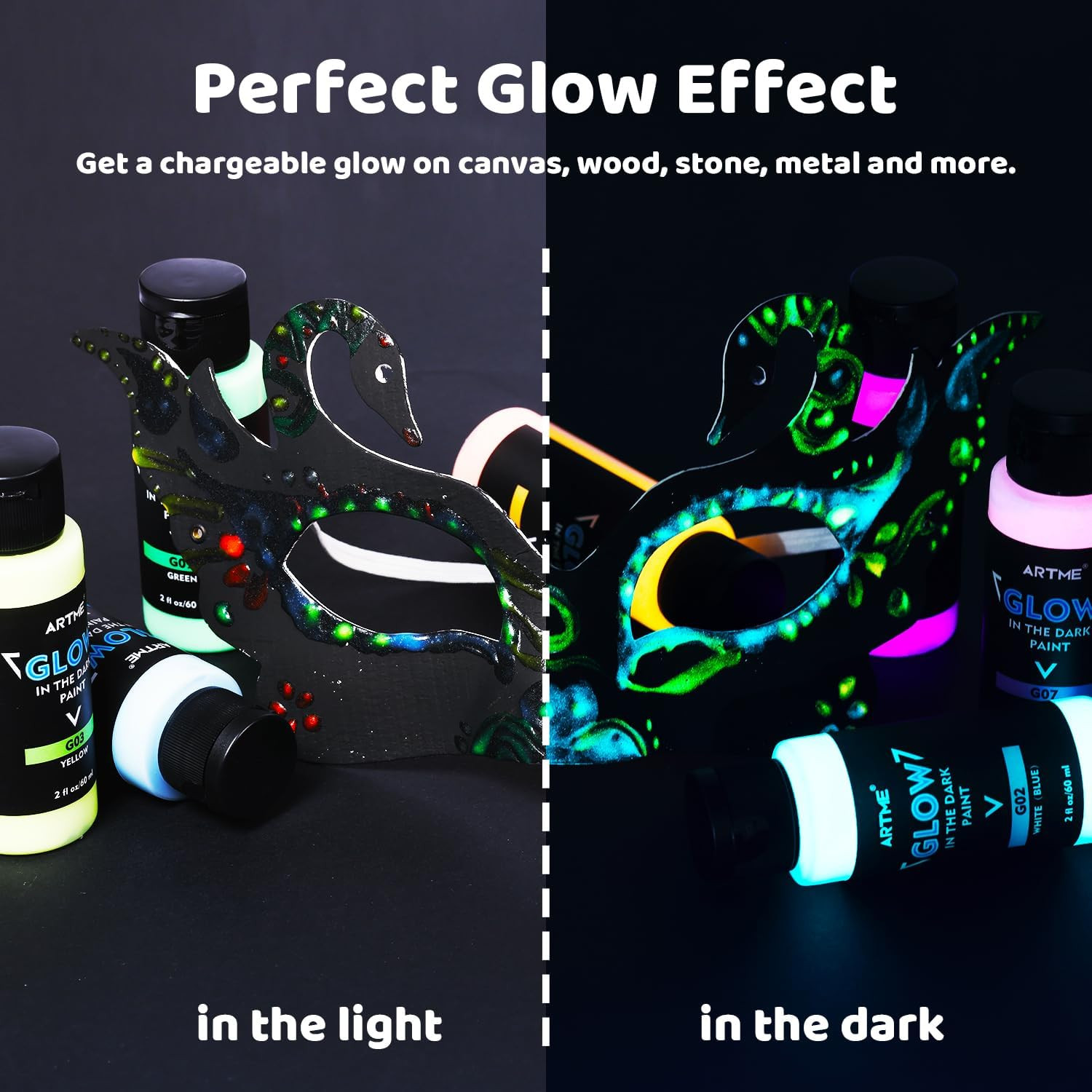 ARTME Glow in the Dark Paint, 10 Bright Colors 60Ml/2Oz Blacklight Paint Set, Ne