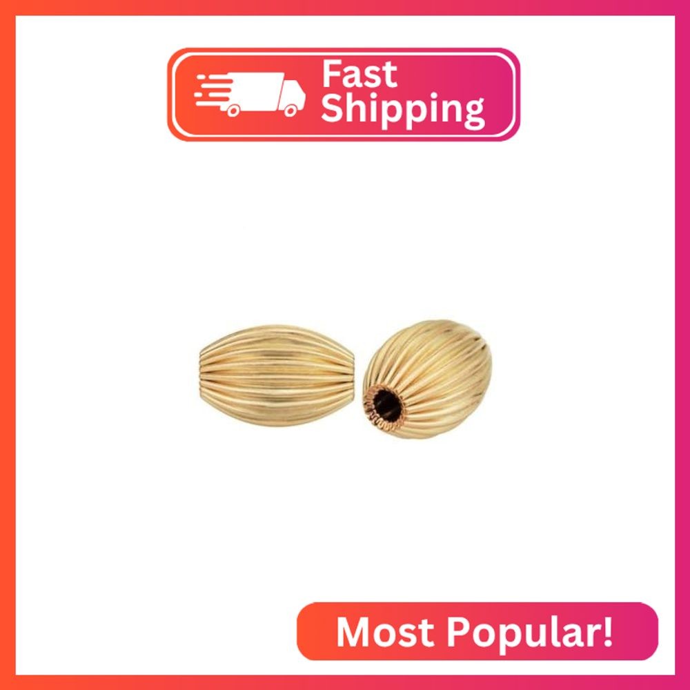100pcs Sparkle 18K Yellow Gold Plated Corrugated Oval Melon Beads 7x4mm
