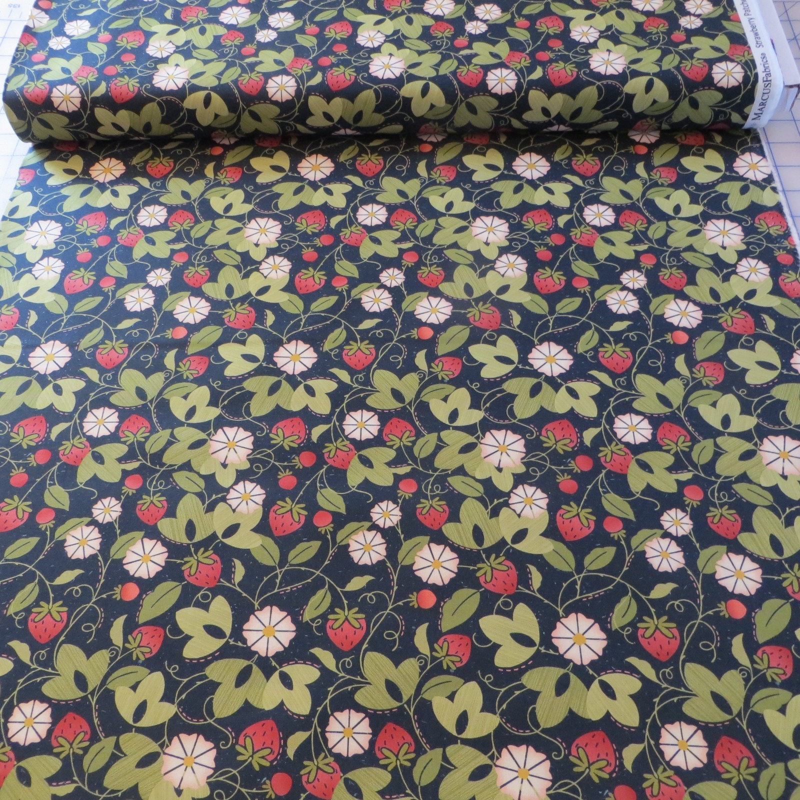 Yard ~ Strawberry Field On Navy Blue by Marcus $3.99 Ships ANY Amount Fabric