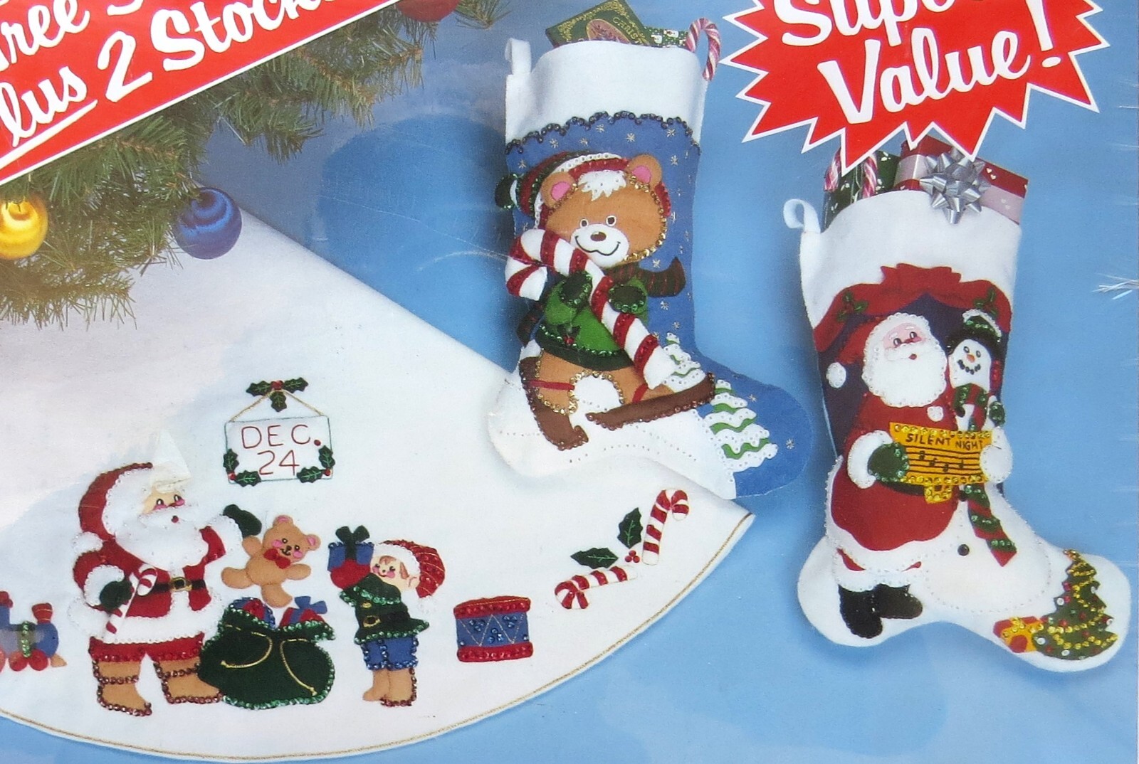 Vintage Bucilla Christmas FELT TREE SKIRT + 2 STOCKINGS Kit NEW Santa Sequins