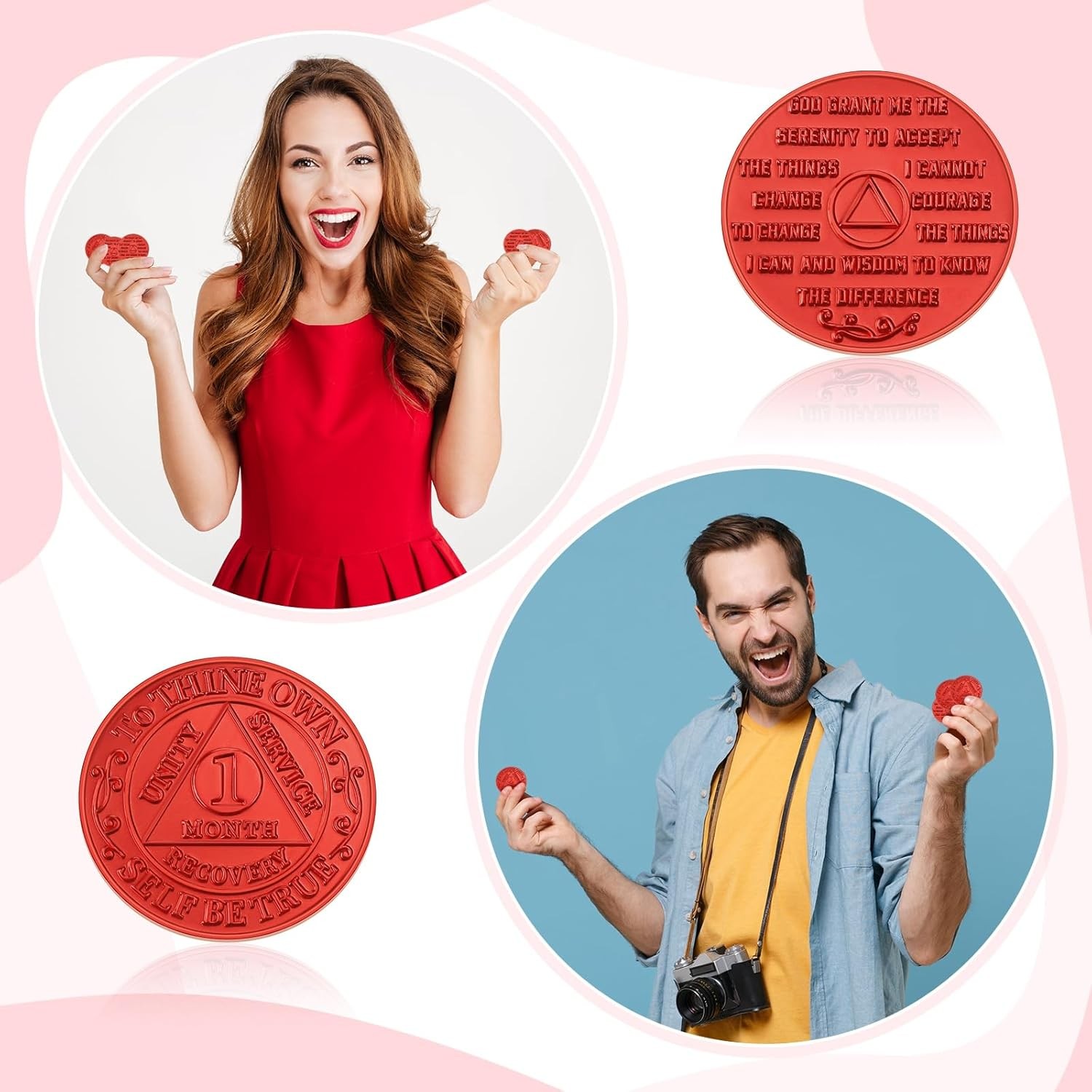 30 Pcs Recovery 1 Month AA Chips and Medallions Bulk Sobriety Red
