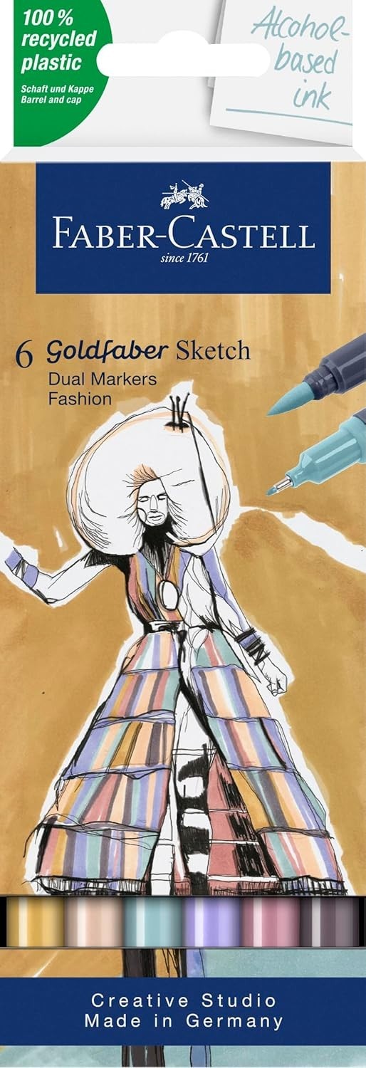 Faber-Castell Goldfaber Dual Tip Sketch Markers 6 pk Brush & Fineliner Tips NEW
